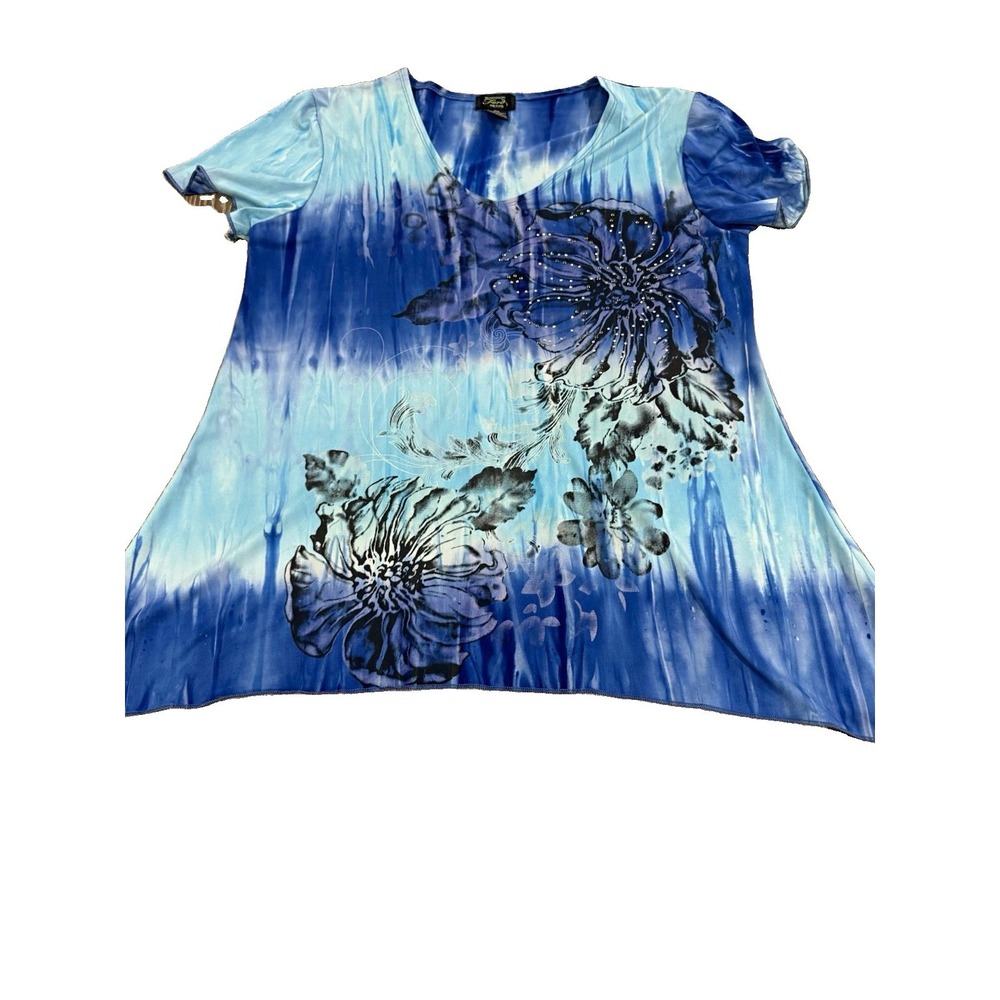 Shannon Ford Women's Petite PM Blue Floral Knit Scoop Neck Rhinestone Top